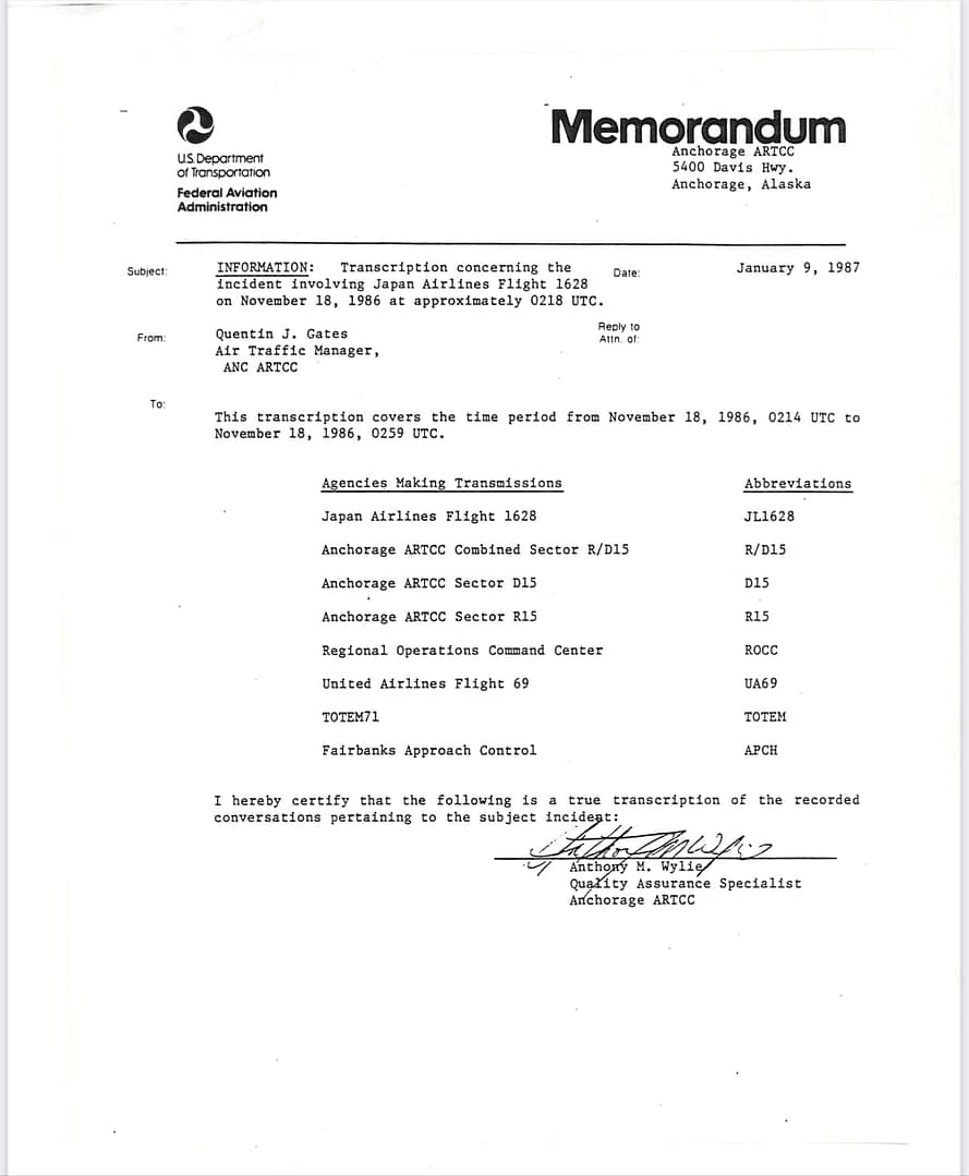 FAA Memorandum Japan Flight JAL 1628, Captain Kenji Terauchi